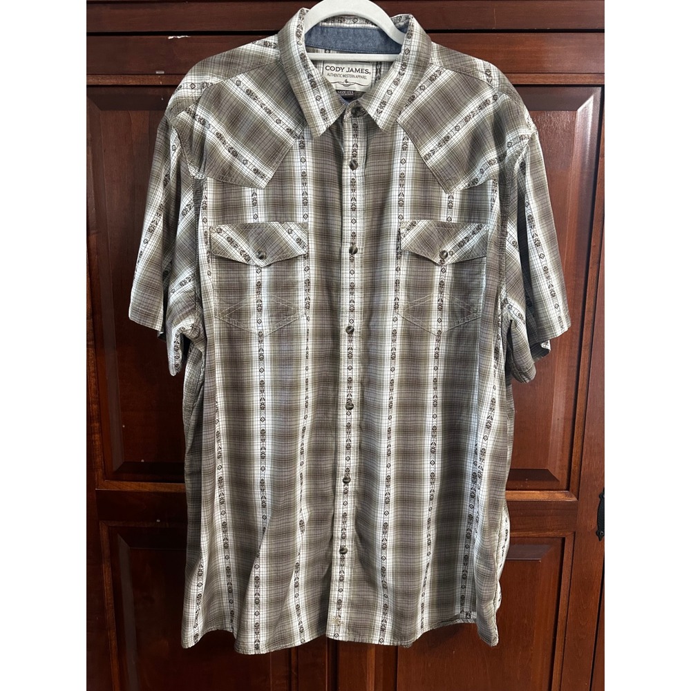 Cody James Mens 2XL Western Pearl Snap Shirt Plaid Geometric Short Sleeve Brown